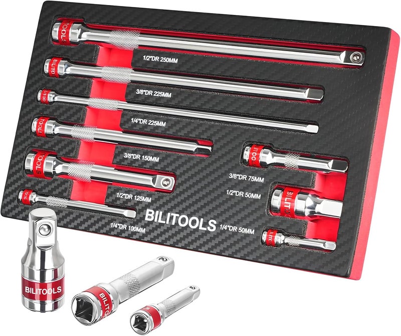 BILITOOLS 9 PCS Ratchet Extension Set, 1/4" 3/8" 1/2" Drive Extension Set, CR-V Steel with Mirror Chrome Plating, EVA-Foam Tray - Image 1